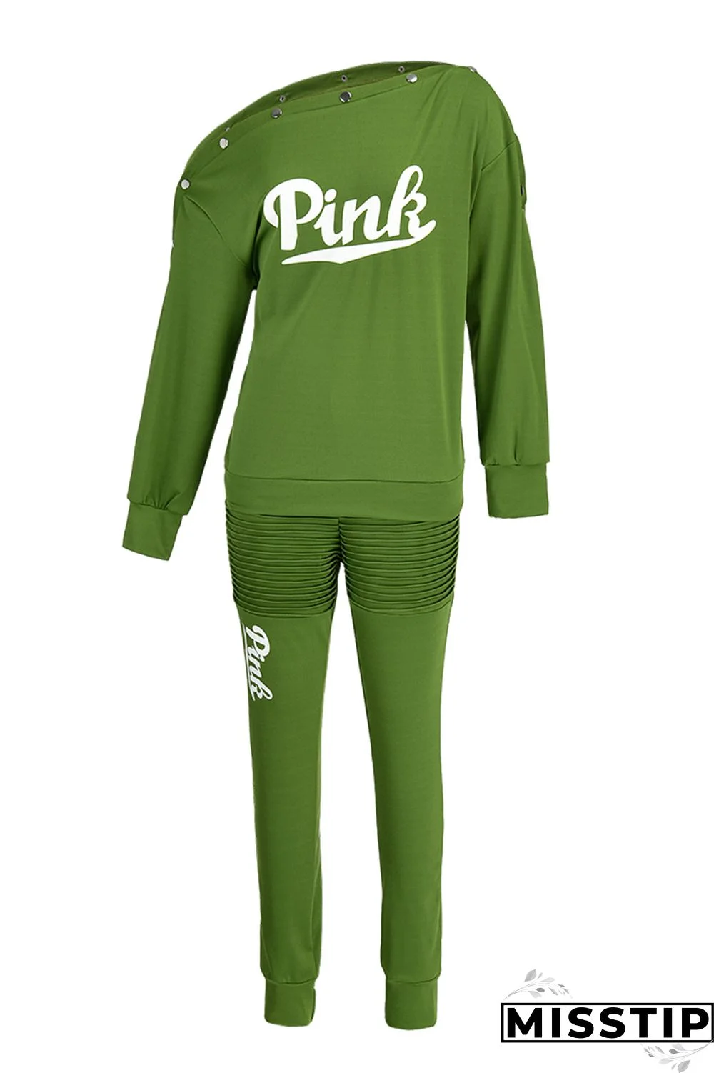 Green Fashion Casual Letter Print Basic Oblique Collar Long Sleeve Two Pieces