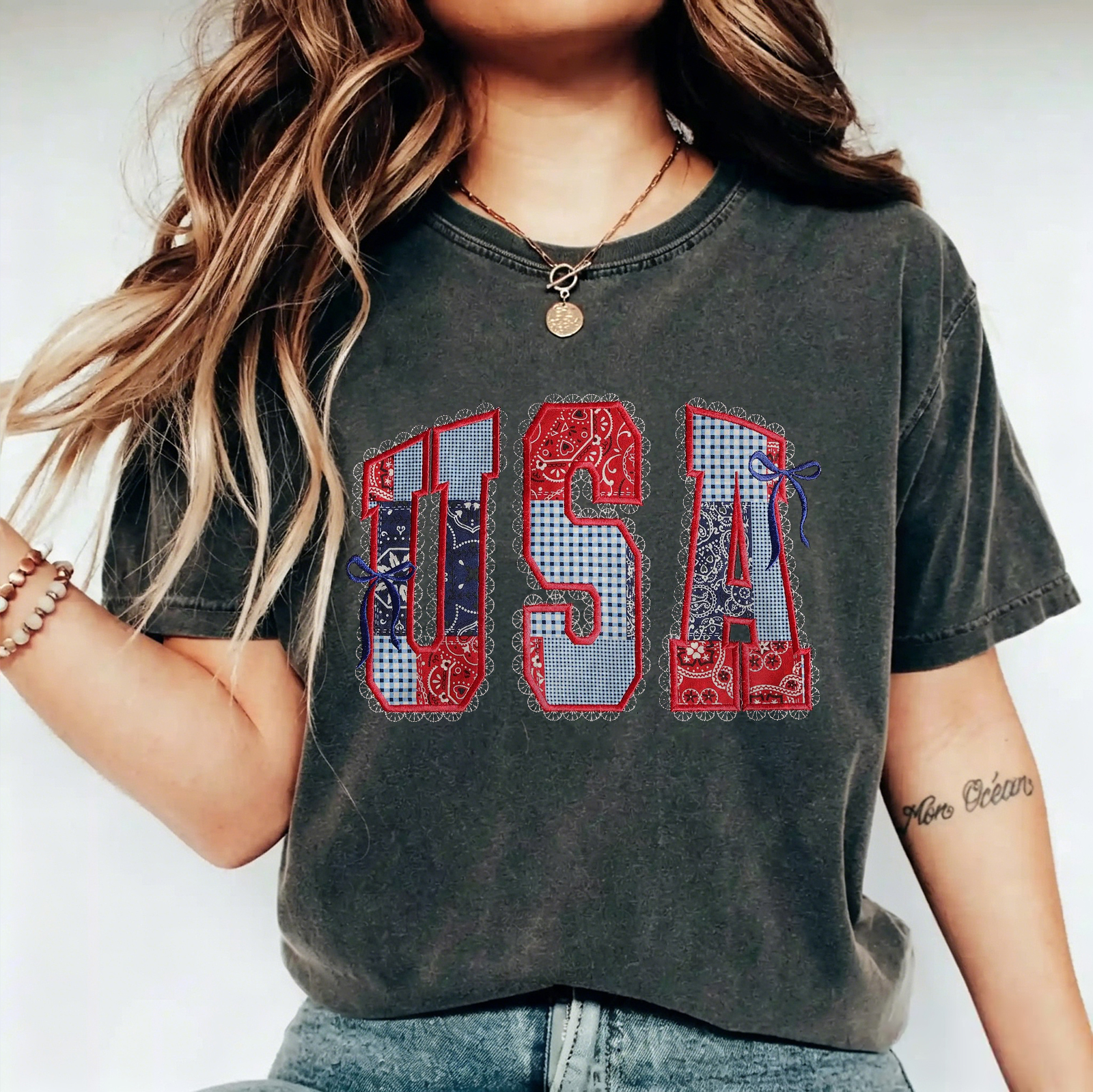  Women's Vintage Flag Patchwork Art Print Tshirt Westsshops