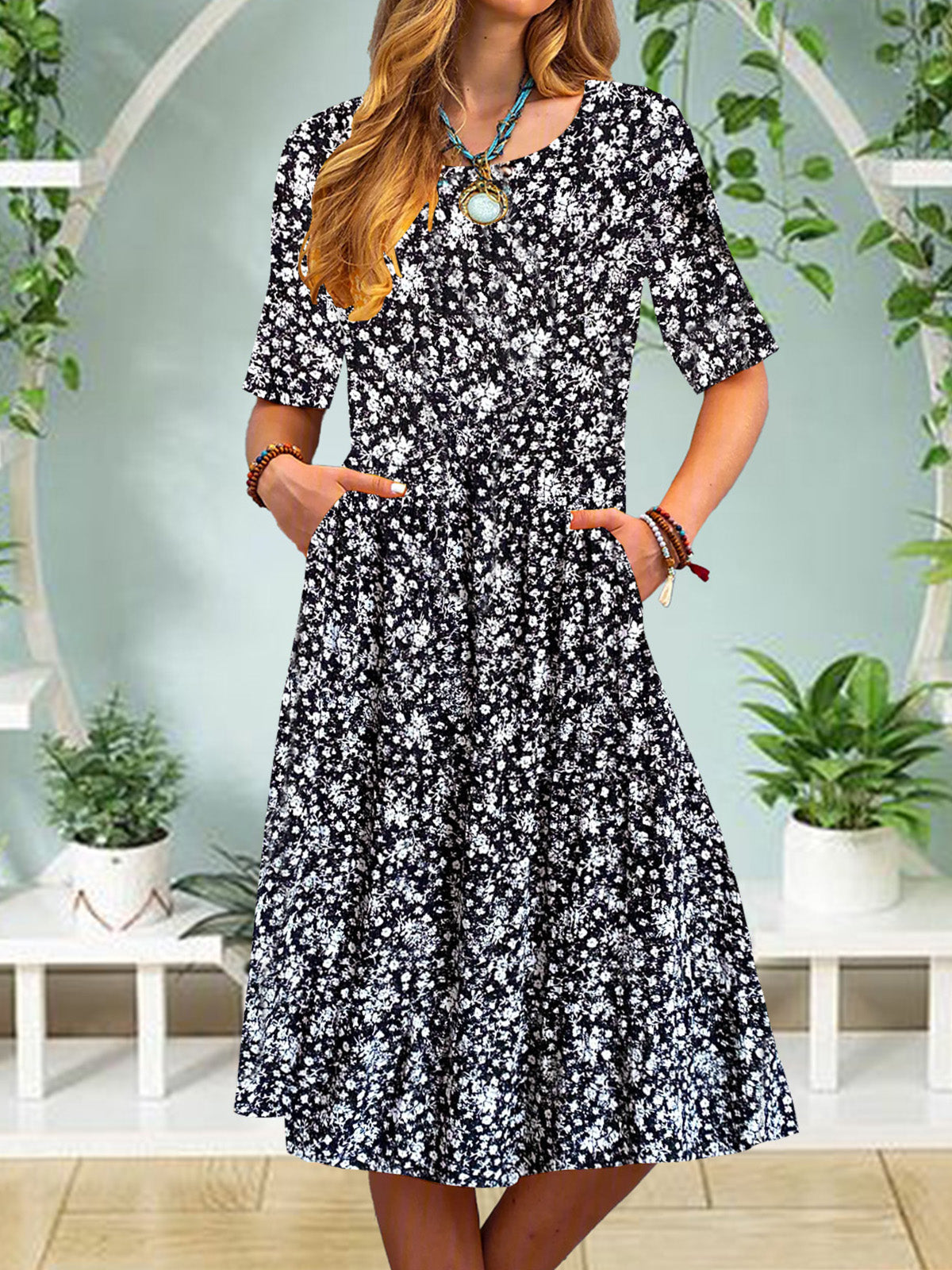 Women Short Sleeve Scoop Neck Floral Printed Graphic Midi Dress