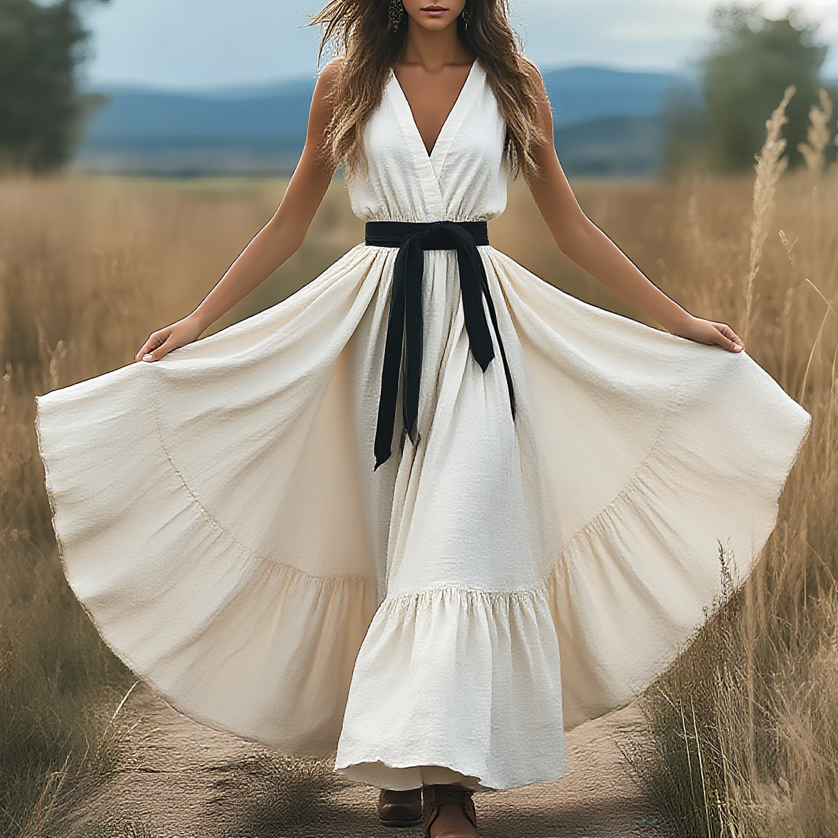 Women's Elegant Western V-neck Sleeveless A-line Linen Maxi Dress