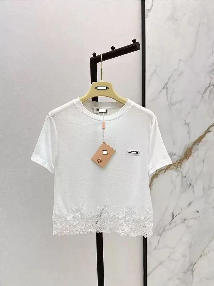 Retro Lace Trim Splice Short Sleeve Round Neck T-Shirt Women 