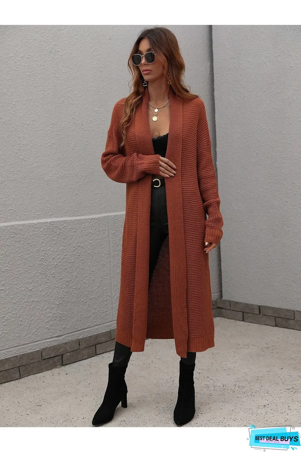 Waffle Knit Open Front Duster Cardigan With Pockets