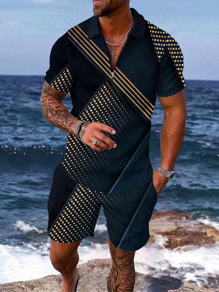 Men's Luxury Gold Polka Dot Irregular Pattern Print Polo Suit