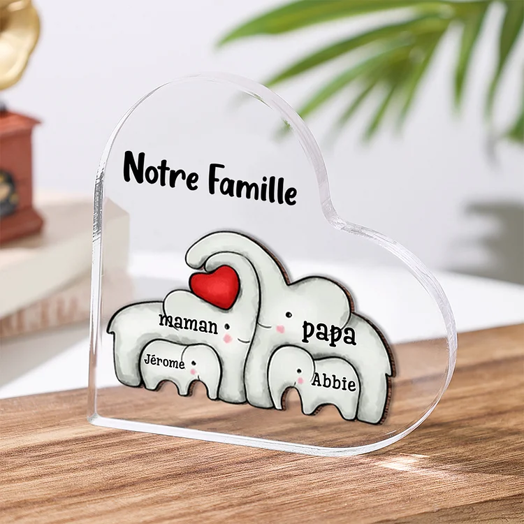Plaque Acrylique en forme de Cœur éléphant 2-7 Prénoms Personnalisés avec 1 Texte pour Famille Jessemade FR