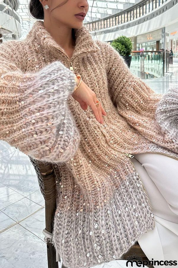 Warm Shining Heart Knit Sequin Balloon Sleeve Zipper Neck Loose Cardigan