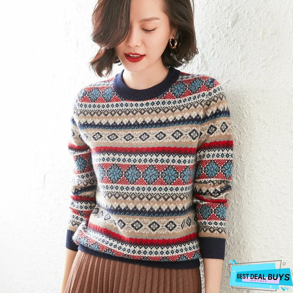 Retro Striped Round Neck Sweater