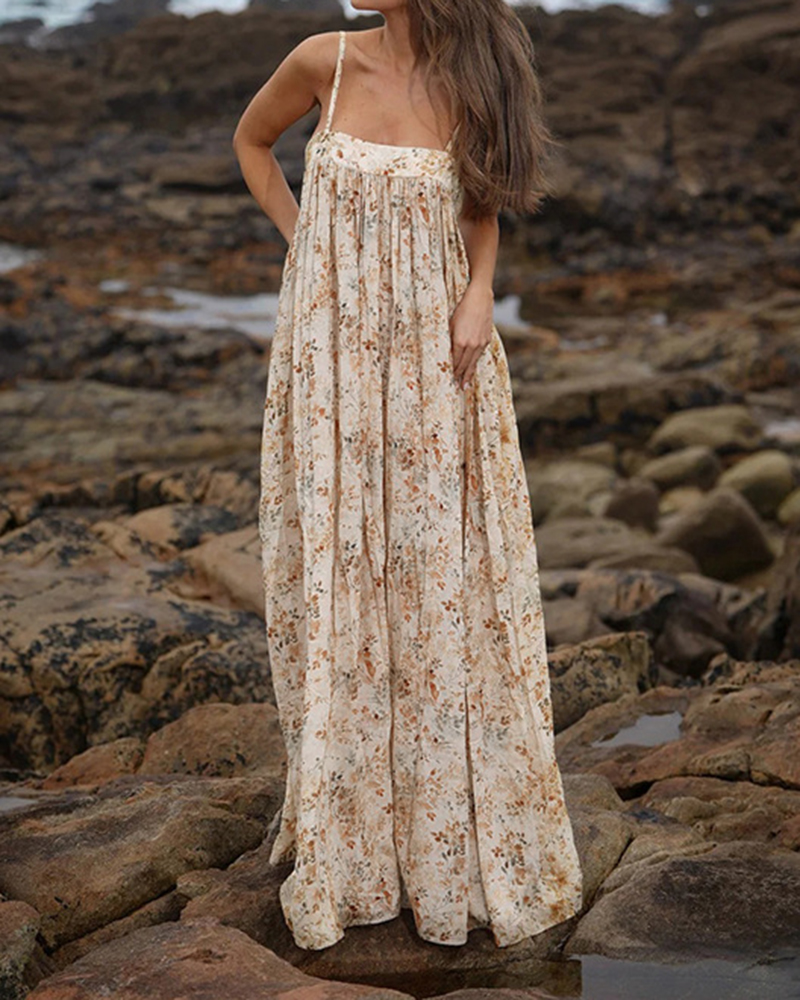 Floral Pattern Thin Spaghetti Strap Vacation Maxi Dress