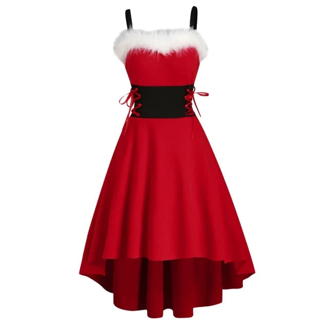 Women's Christmas Dress Faux Fur Lace Up High Low Midi Dress-elleschic