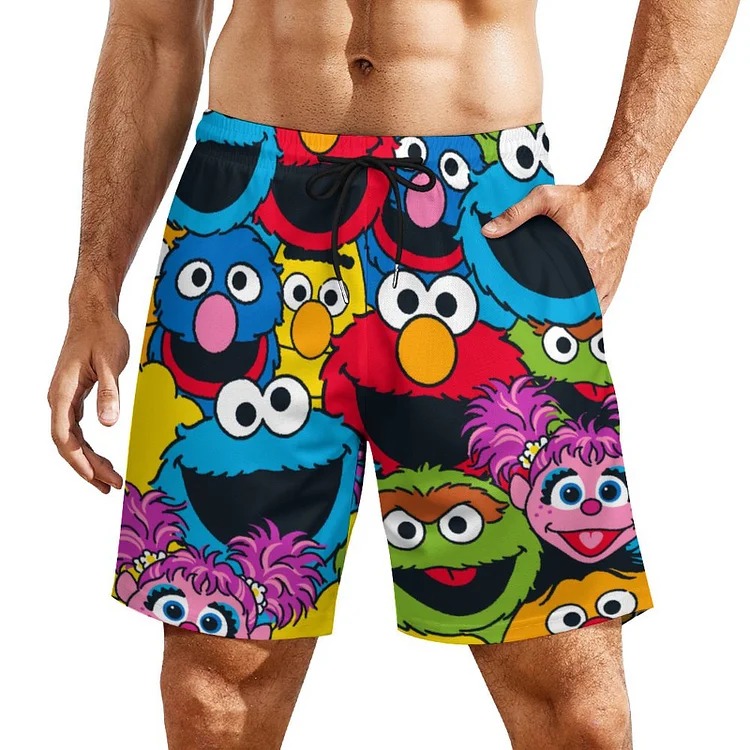 Summer Funny Sesame Print Character Eyes Faces Men Mesh Swim Trunks Drawstring Waist Running Bathing Board Beach Shorts - Heather Prints Shirts
