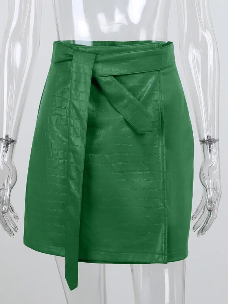 WannaThis Green Skirt Bandage Mini Split PU Sexy Women Leather Crocodile Pattern Straight Short Skirt E Girl Fashion Skirt 2021