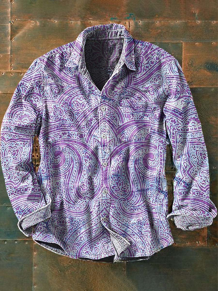 Men's Vintage Cashew Flower Print Casual Lapel Long Sleeve Shirt