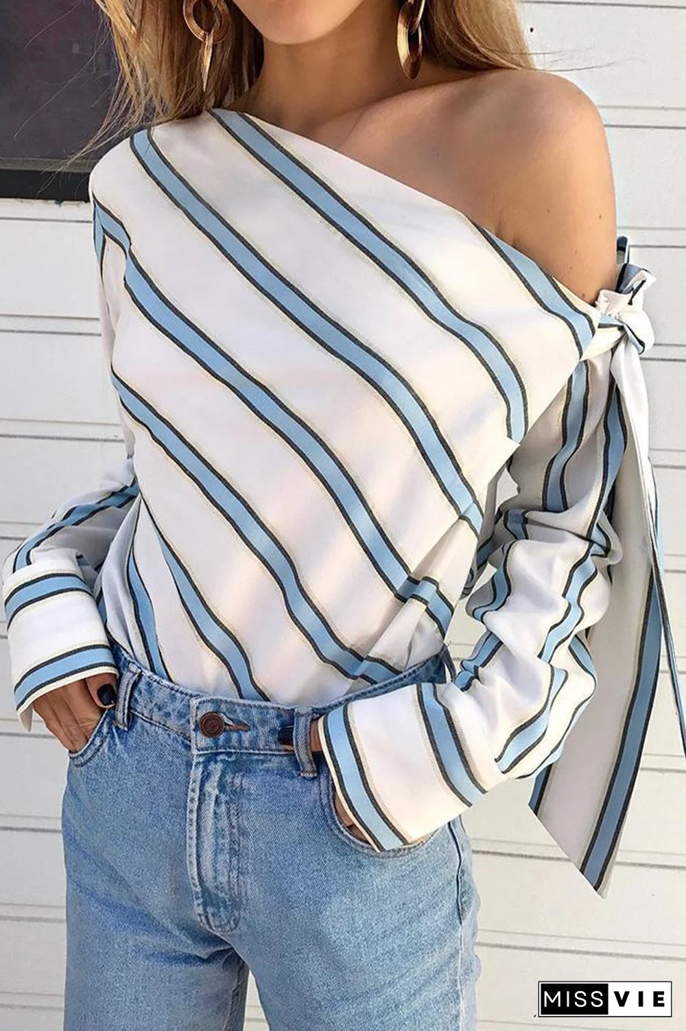 Daily Striped Patchwork One Shoulder Tops