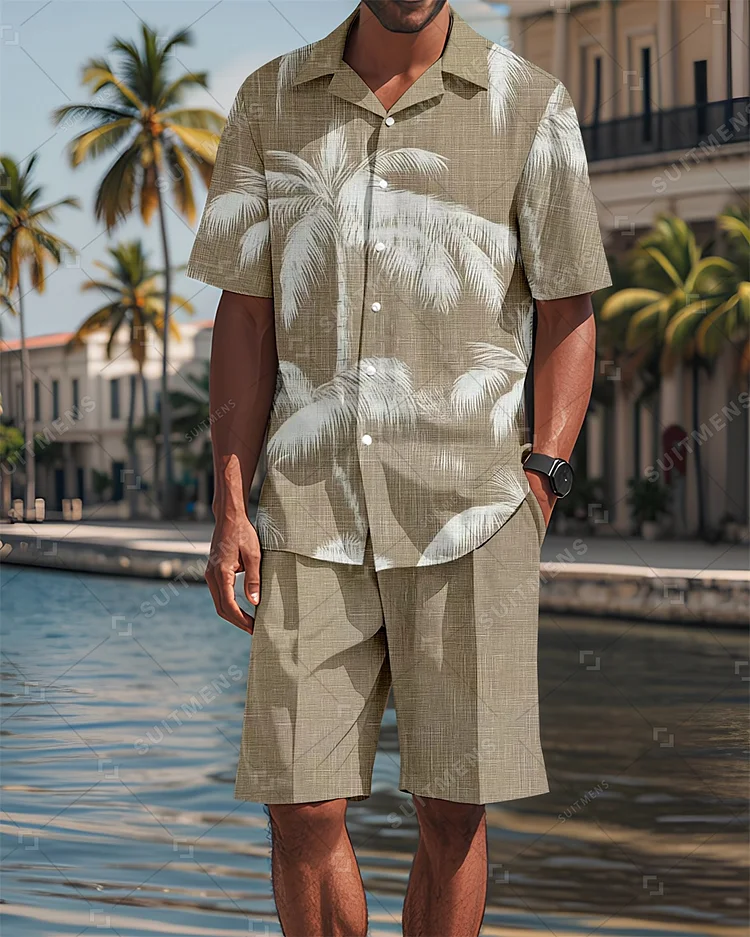 Men's Casual Vacation Hawaiian Cuban Collar Short Sleeve Shirt Set 0012
