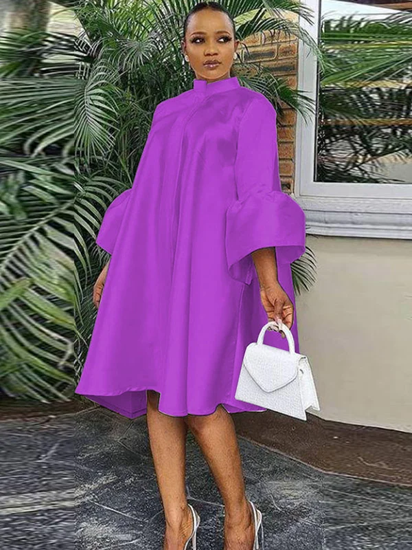 Urban Buttoned Solid Color Stand Collar Flared Sleeve Loose Midi Dress