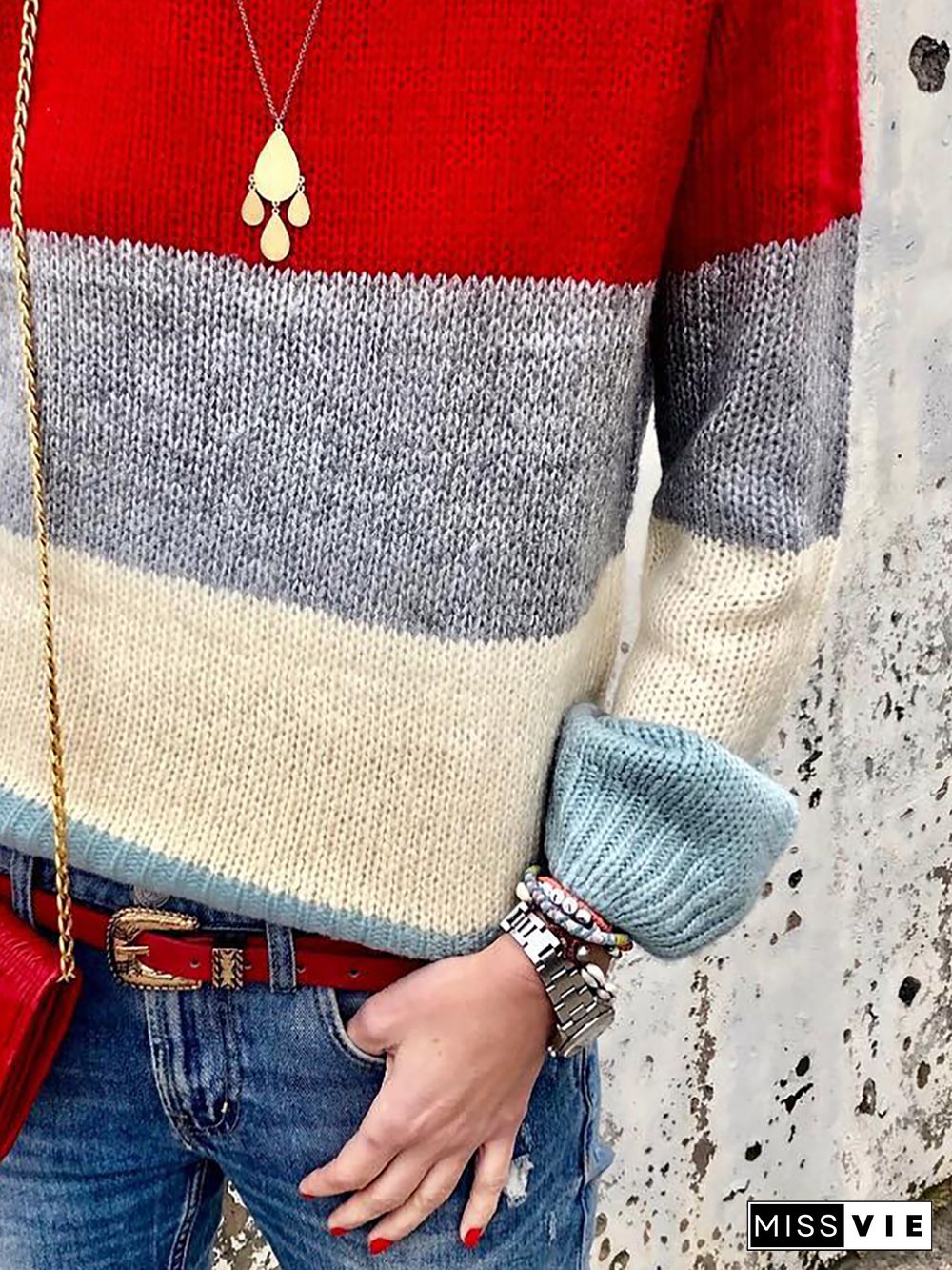 Women Striped Boho Autumn Acrylic Date Long sleeve Crew Neck Sweater