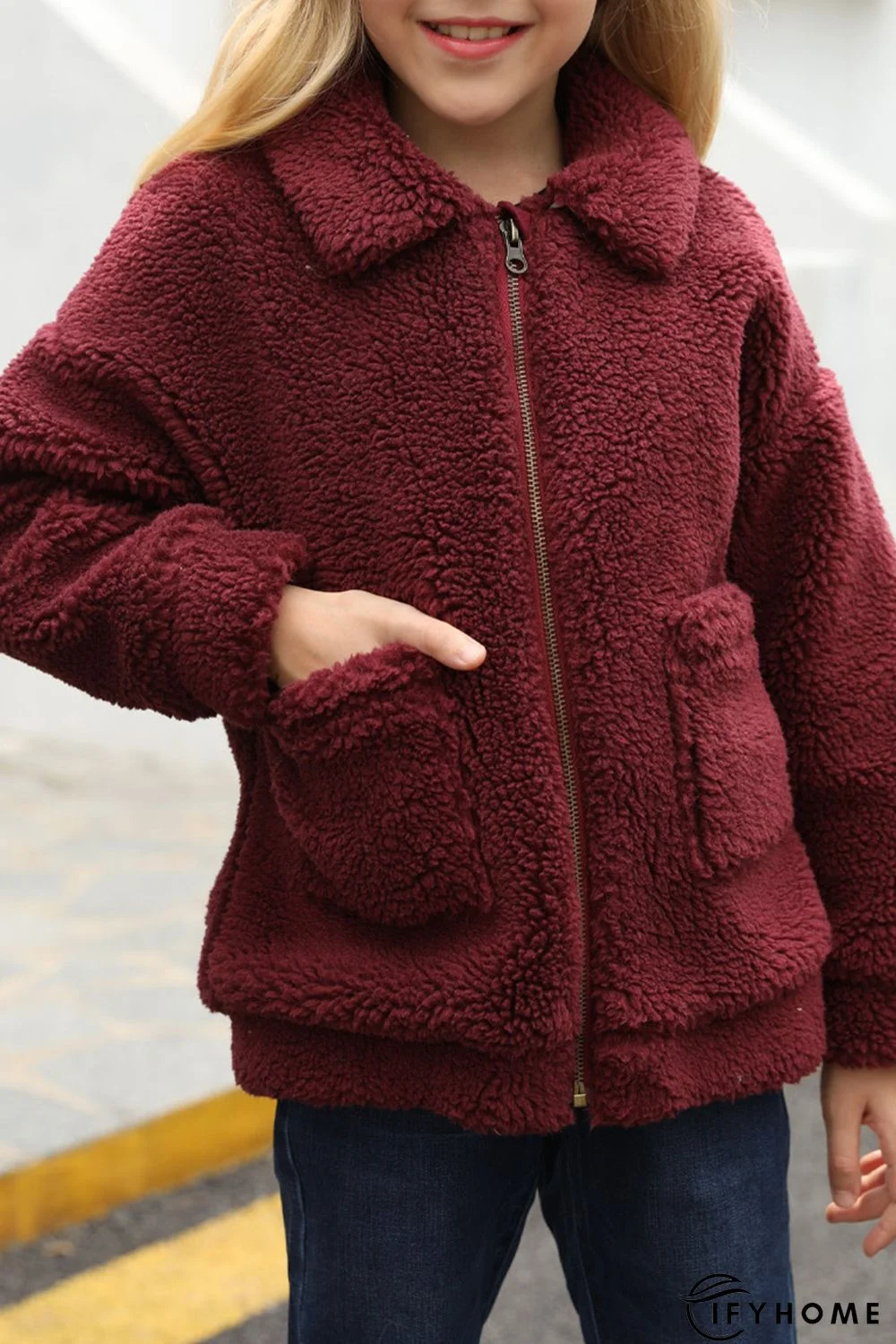 Wine Red Lapel Zipper Pockets Girl's Sherpa Coat | IFYHOME