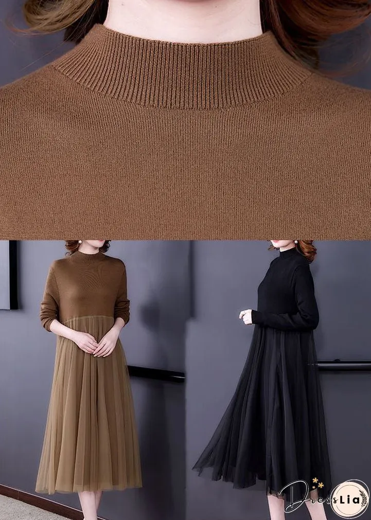 Unique Khaki Stand Collar Tulle Patchwork Knit Long Dress Long Sleeve