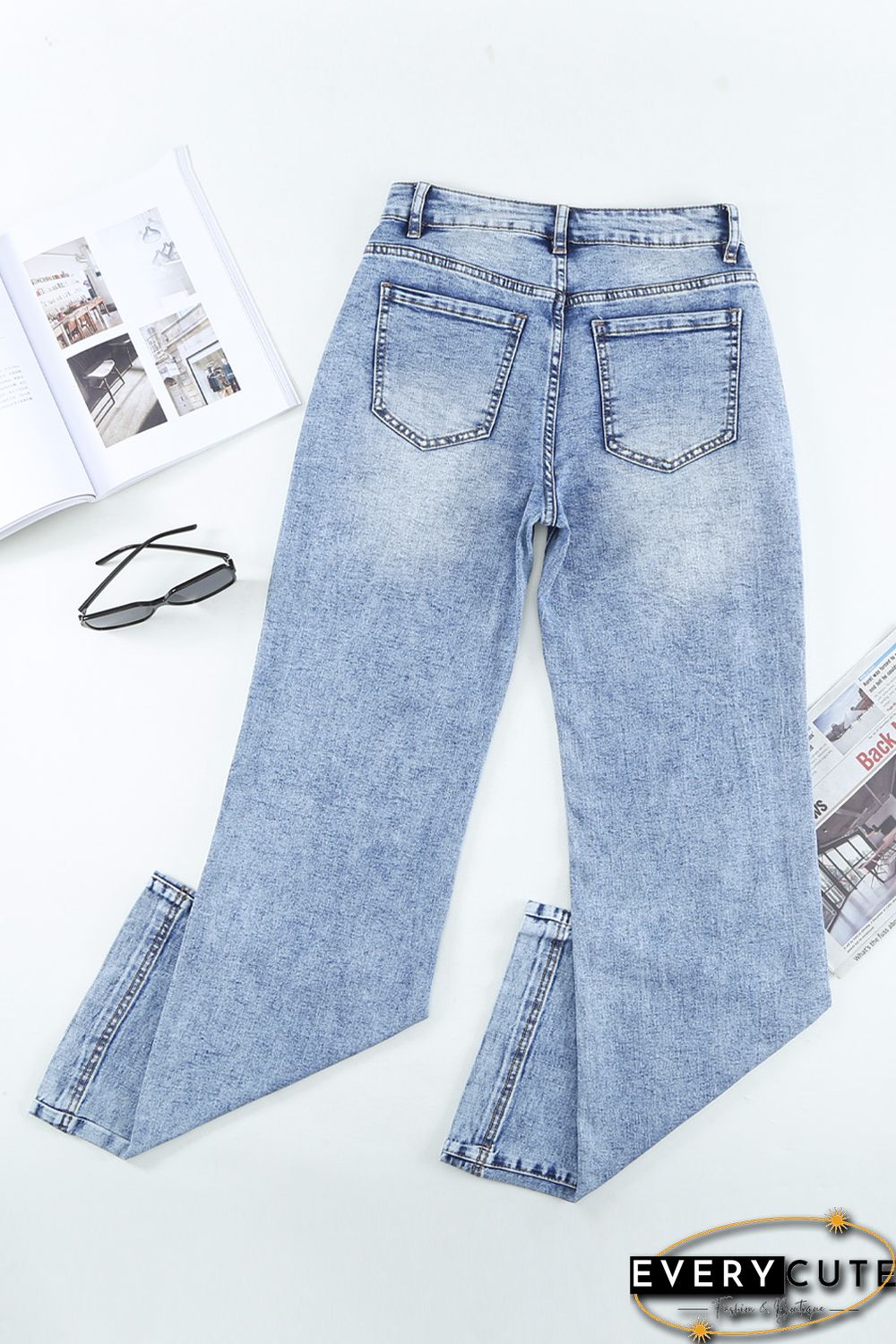 Light Blue Washed Holes Ripped Wide Leg Jeans