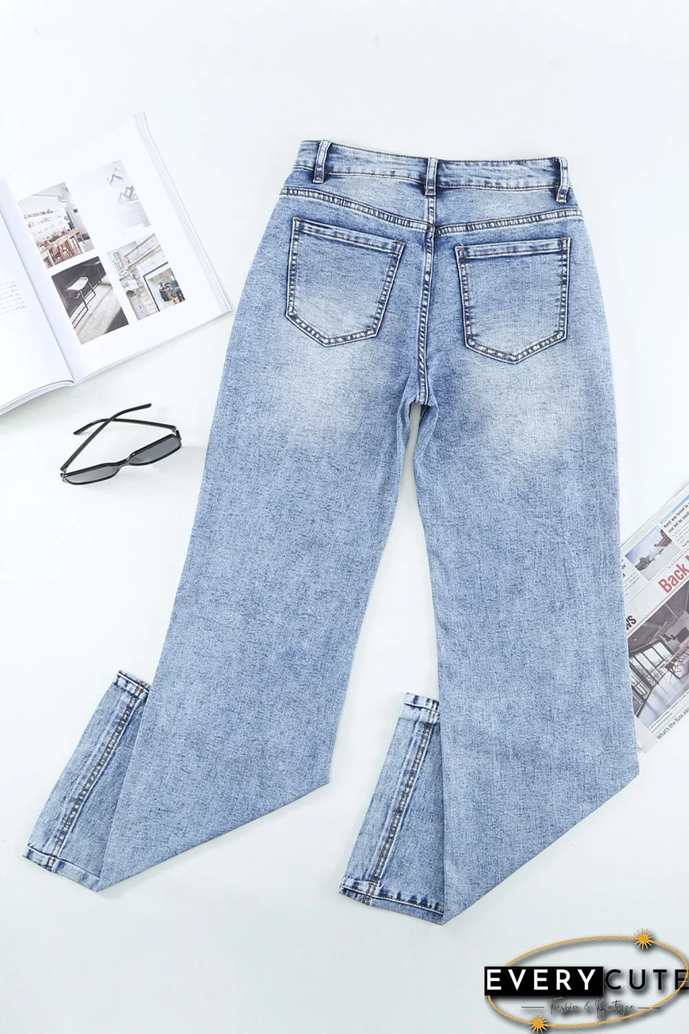 Light Blue Washed Holes Ripped Wide Leg Jeans