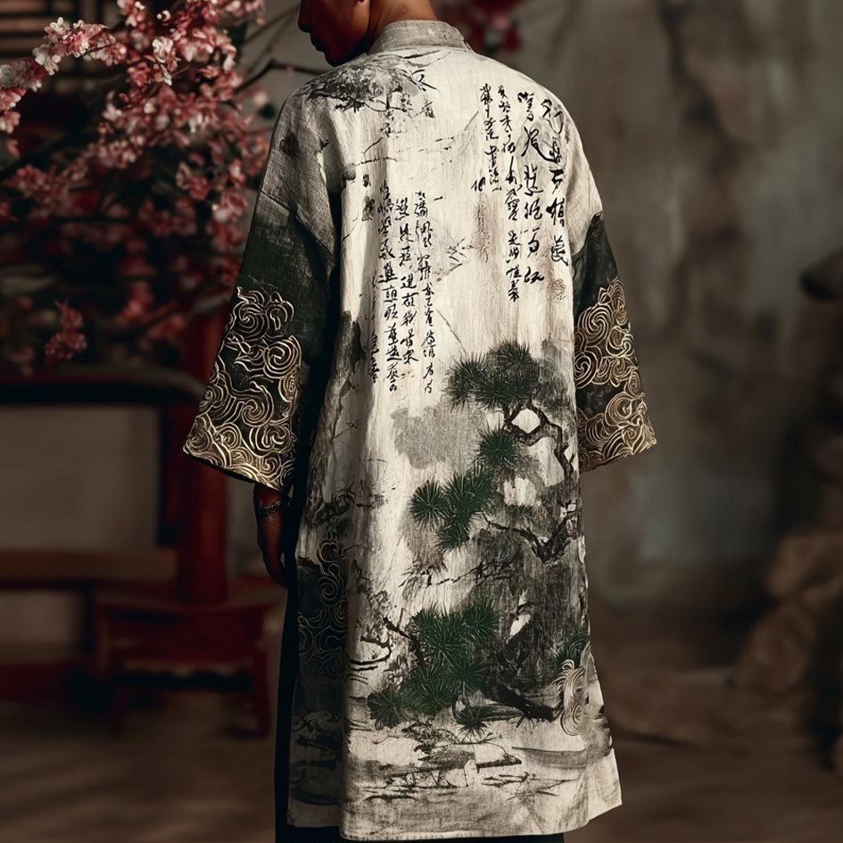 Japanese Art Retro Ink Painting Pattern Design Men's Casual Linen Kimono elevenforest