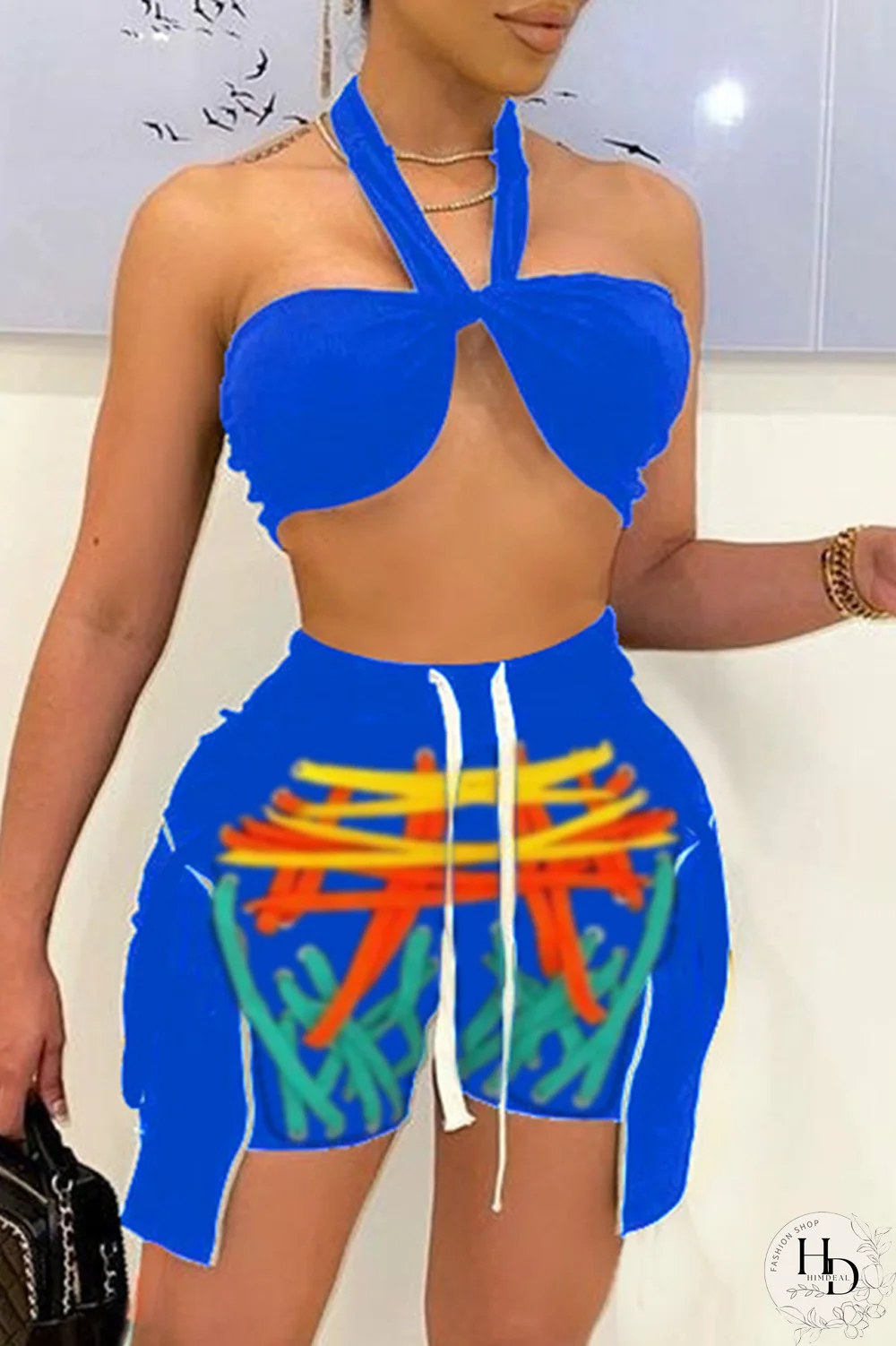 Red Sexy Print Split Joint Halter Sleeveless Two Pieces