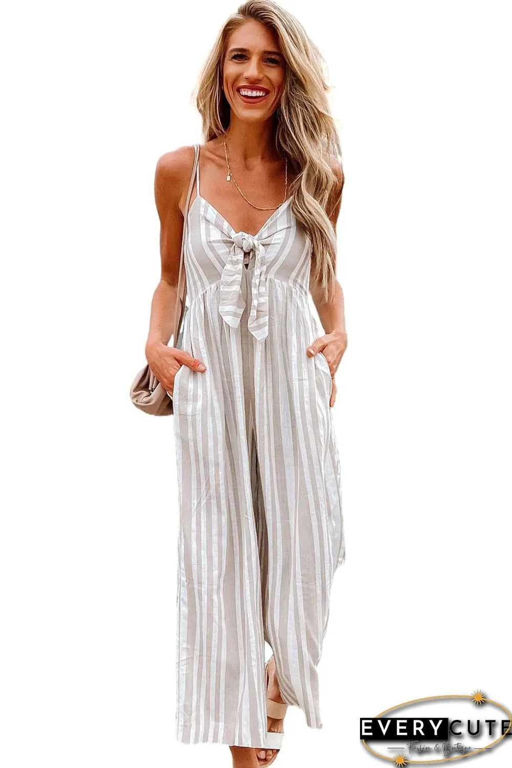 Front Knotted Striped Cropped Jumpsuit