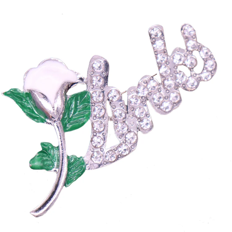 Custom Metal Greek Sorority Fraterntiy Jewelry White Green Enamel Rhinestone Rose Flower Links Brooches For Women Party Decor