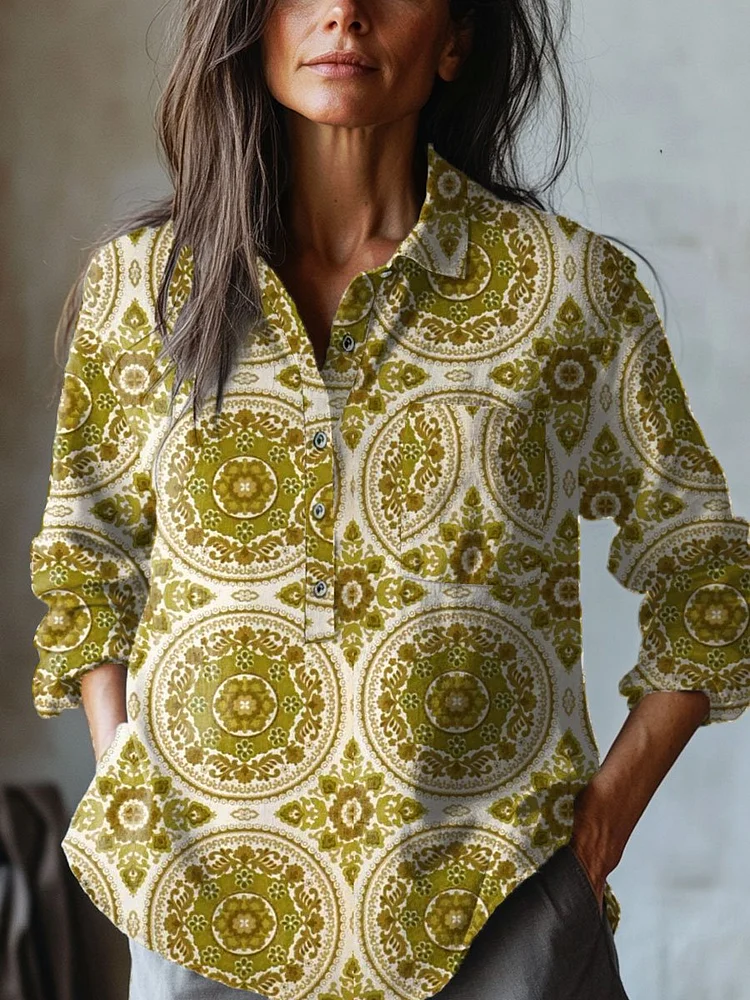 Women's   Floral  Art Print Casual Cotton And Linen Shirt