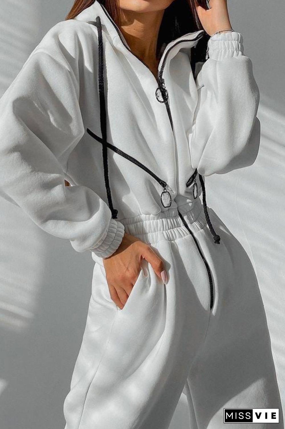 Street Solid Patchwork Hooded Collar Jumpsuits