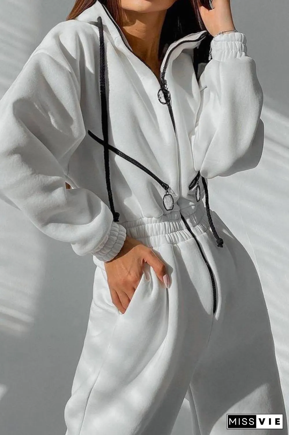 Street Solid Patchwork Hooded Collar Jumpsuits