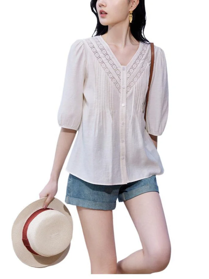Athvotar Athvotar Atmosphere Age Reduction V-Neck Short-Sleeved Shirt Woman 2025 Summer New Commute Fashion Temperament Top