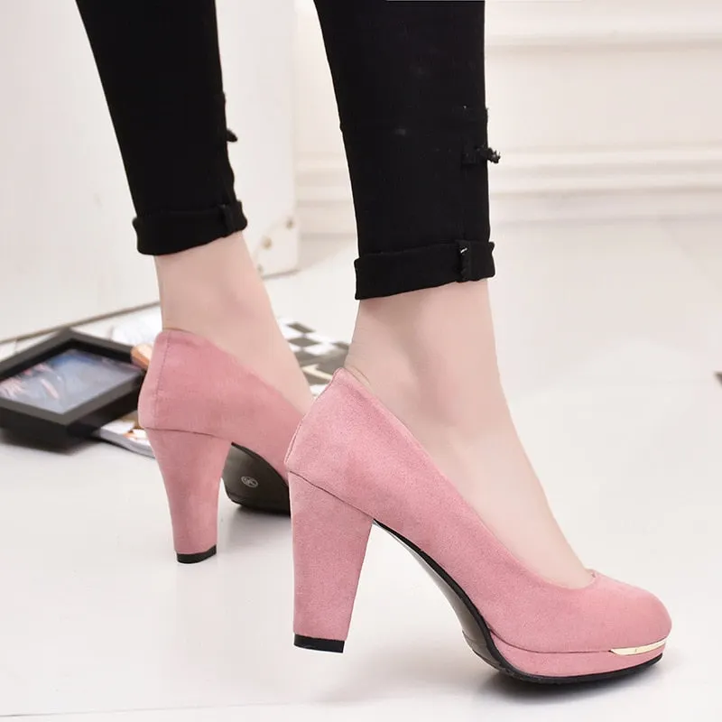 High QualityHigh-heeled Shoes New Pumps Women Simple Shoes Waterproof Flock High Heeles Shoes Wedding Pumps Round Toe Shoes