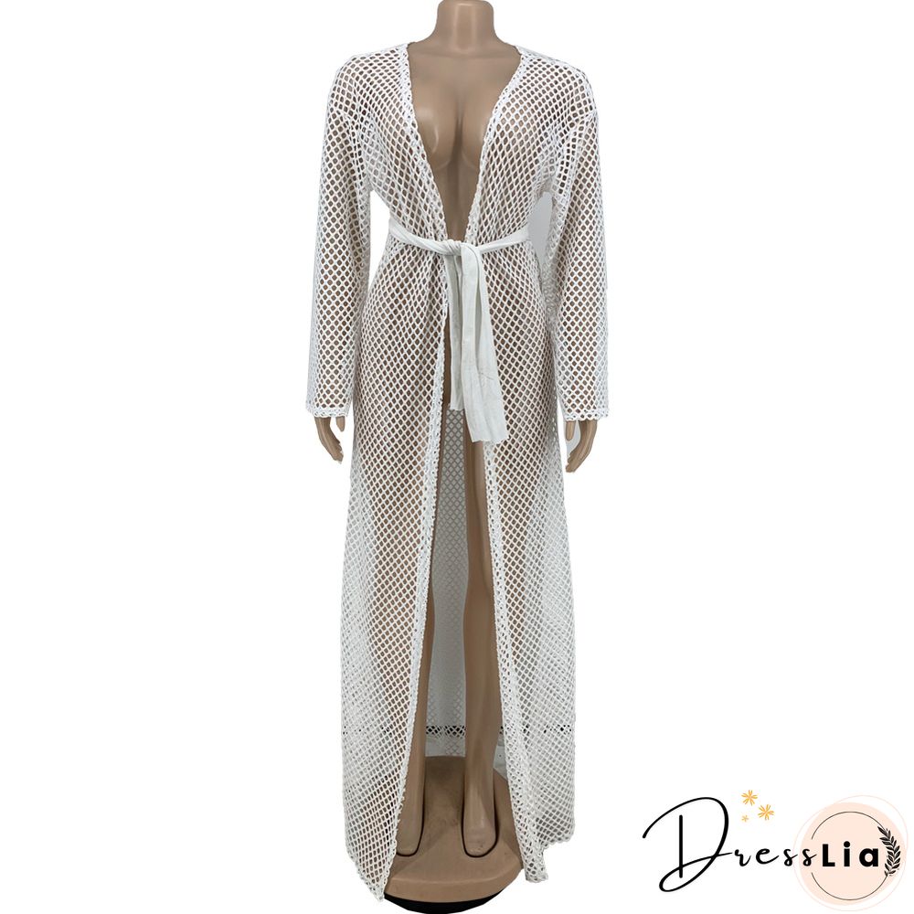 Beachwear Long Sleeve Mesh Grid Cardigan Cover-ups