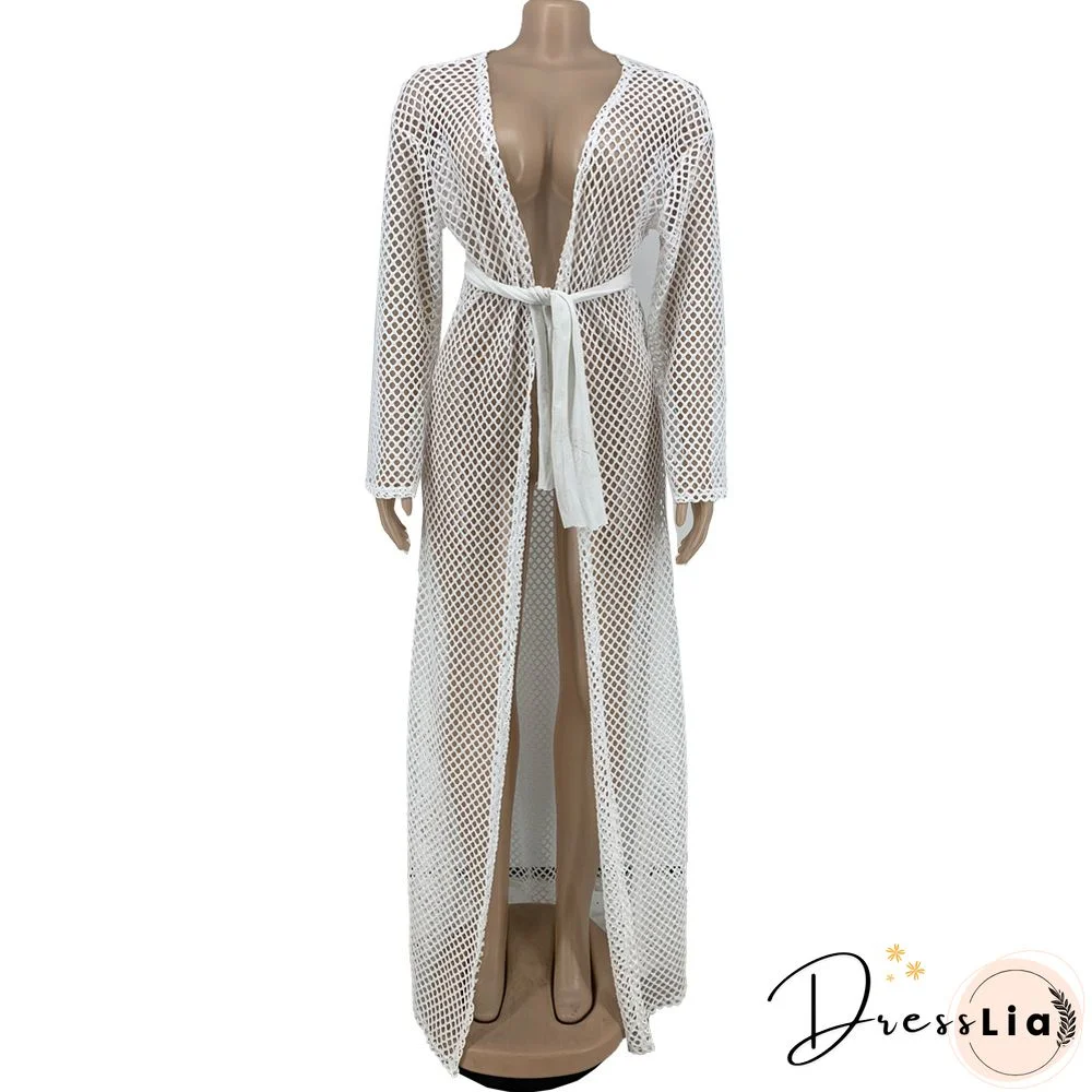 Beachwear Long Sleeve Mesh Grid Cardigan Cover-ups