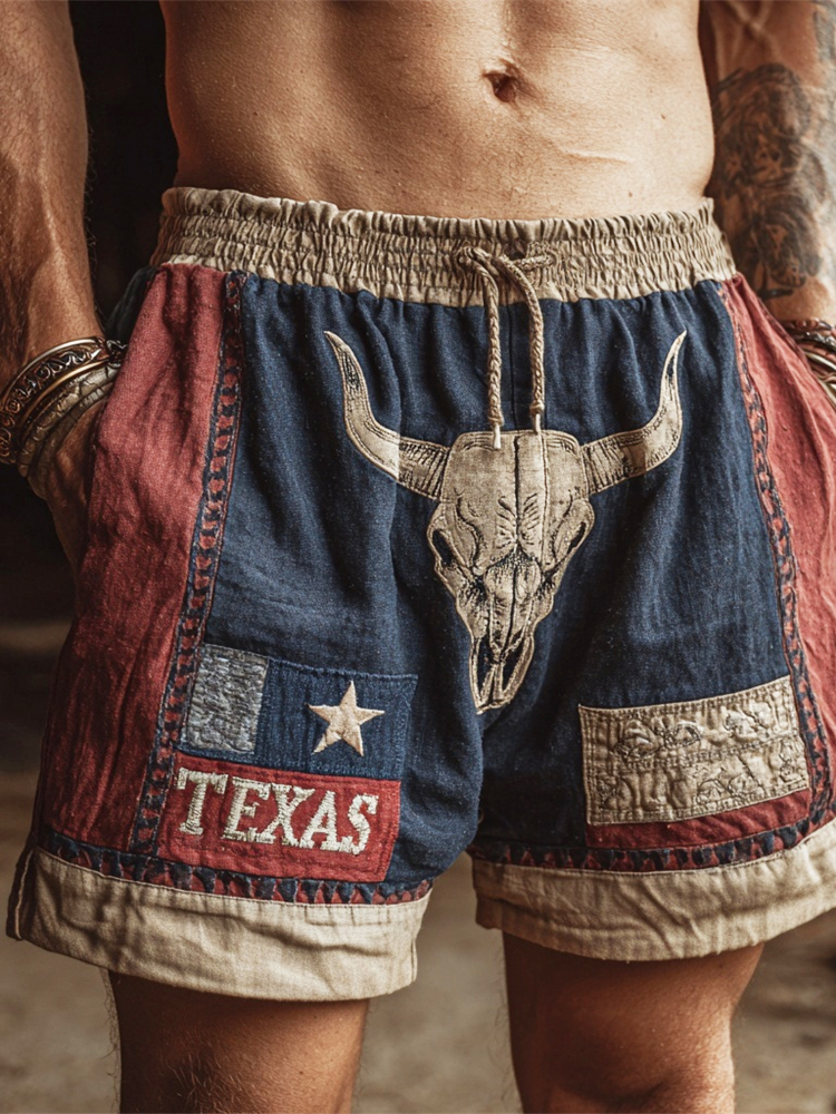 Western Bull Skull & Texas Flag Elements Vintage Men's Linen Shorts