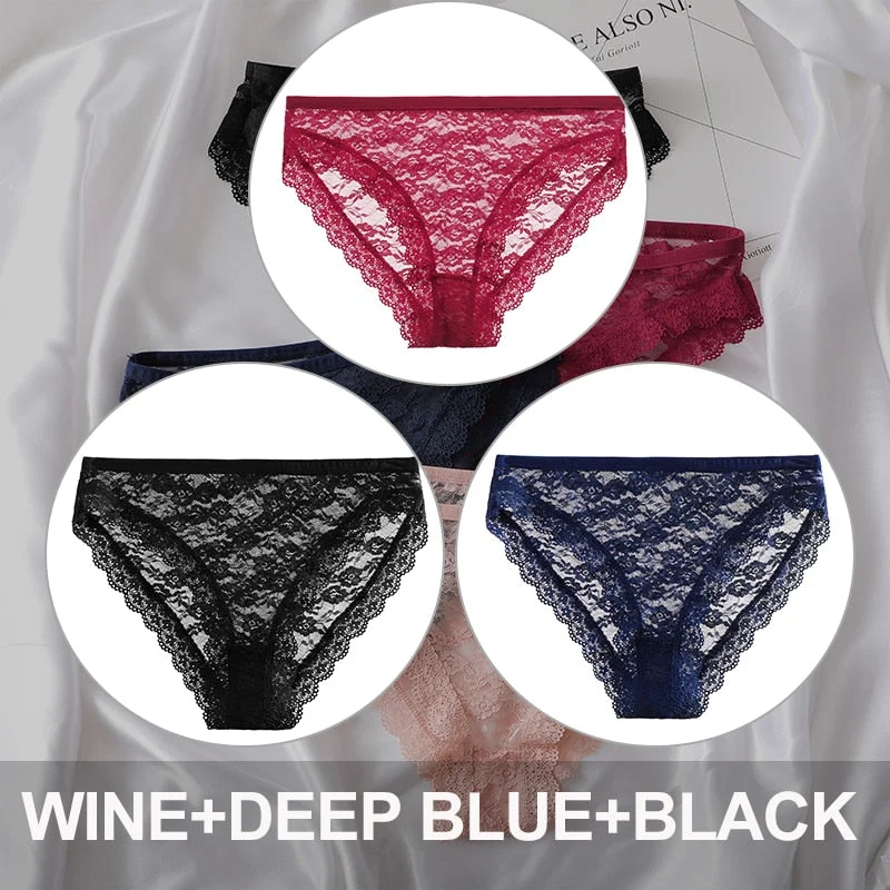 FINETOO 3PCS/Set Floral Lace Sexy Women Lingerie Panties M-2XL Plus Size Underpants Transparent Female Comfortable Briefs Girls