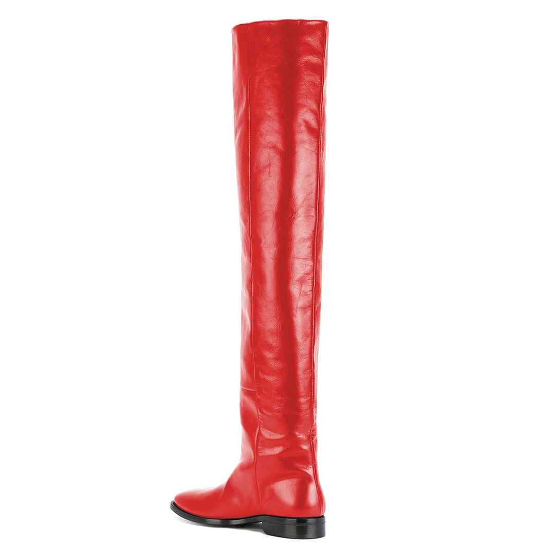 Vegan Leather Almond Toe Pull-On Thigh-High Sexy Boots in Red