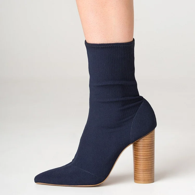 Navy Elastic Sock Booties Pointed Toe Cylindrical Heel Ankle Boots |FSJ Shoes