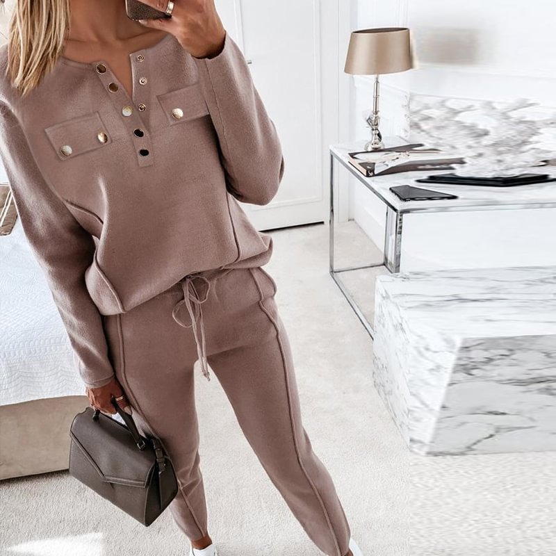 Casual Round Neck Button Down Sweater Long Pencil Pants Two Piece Set