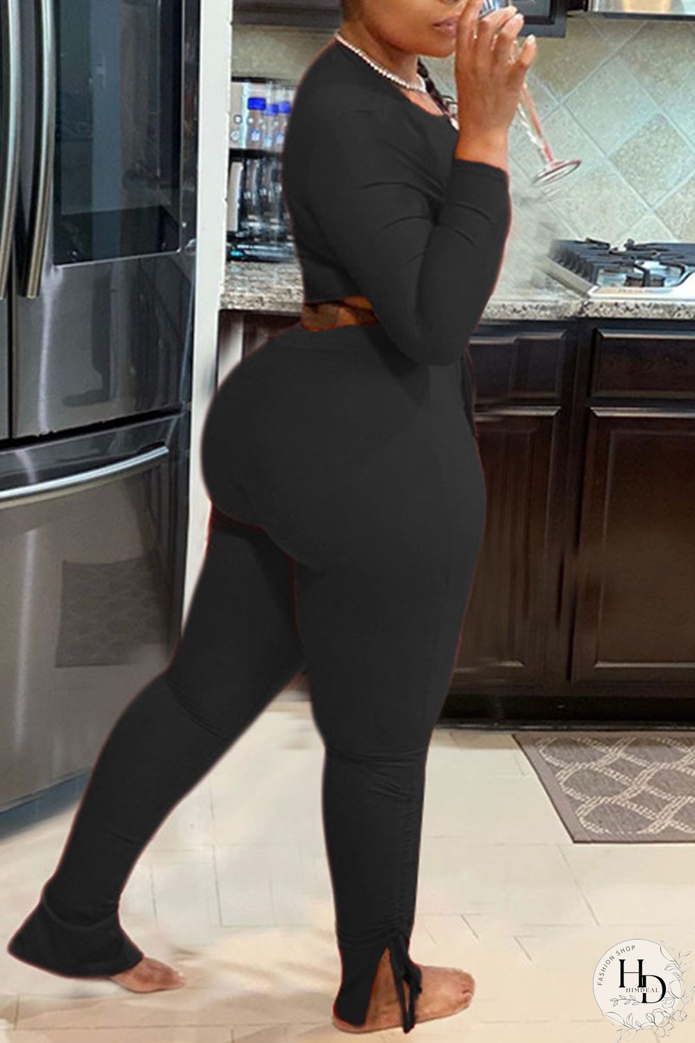 Black Sexy Print Split Joint Frenulum O Neck Long Sleeve Two Pieces