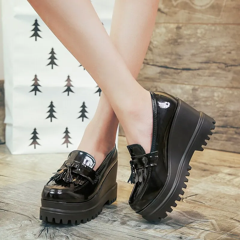 Lucyever 2020 Spring Autumn High Platform Wedges Pumps Women Tassel High Heels Casual Shoes Woman PU Leather Round Toe Shoes
