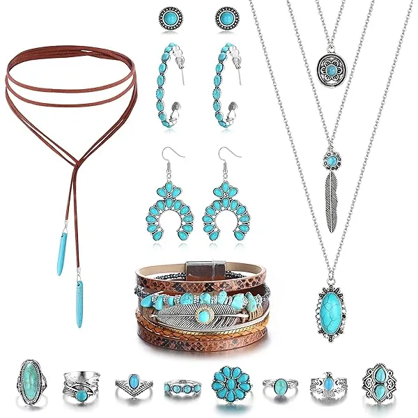 14 Pcs Western Jewelry For Women Bohemian Turquoise Jewelry Set Turquoise Pendant Choker Necklace Turquoise Faux Leather Cuff Bracelet Turquoise Hoop Dangle Earrings Turquoise Joint Knuckle Rings 