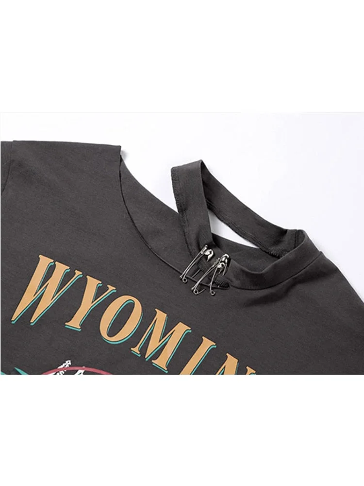 2022 Summer Gothic Y2K Short Sleeve T-Shirt Print O-neck E-girl Casual Fashion Crop Top Loose Punk Women Tee Streetwear Design