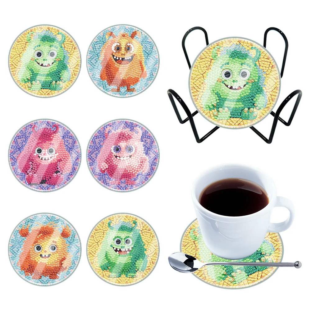 [Upgrade - Waterproof Coaster]6pcs DIY Cartoon Monster Coaster Set Holiday Christmas for Adults and Beginners(With Covers)