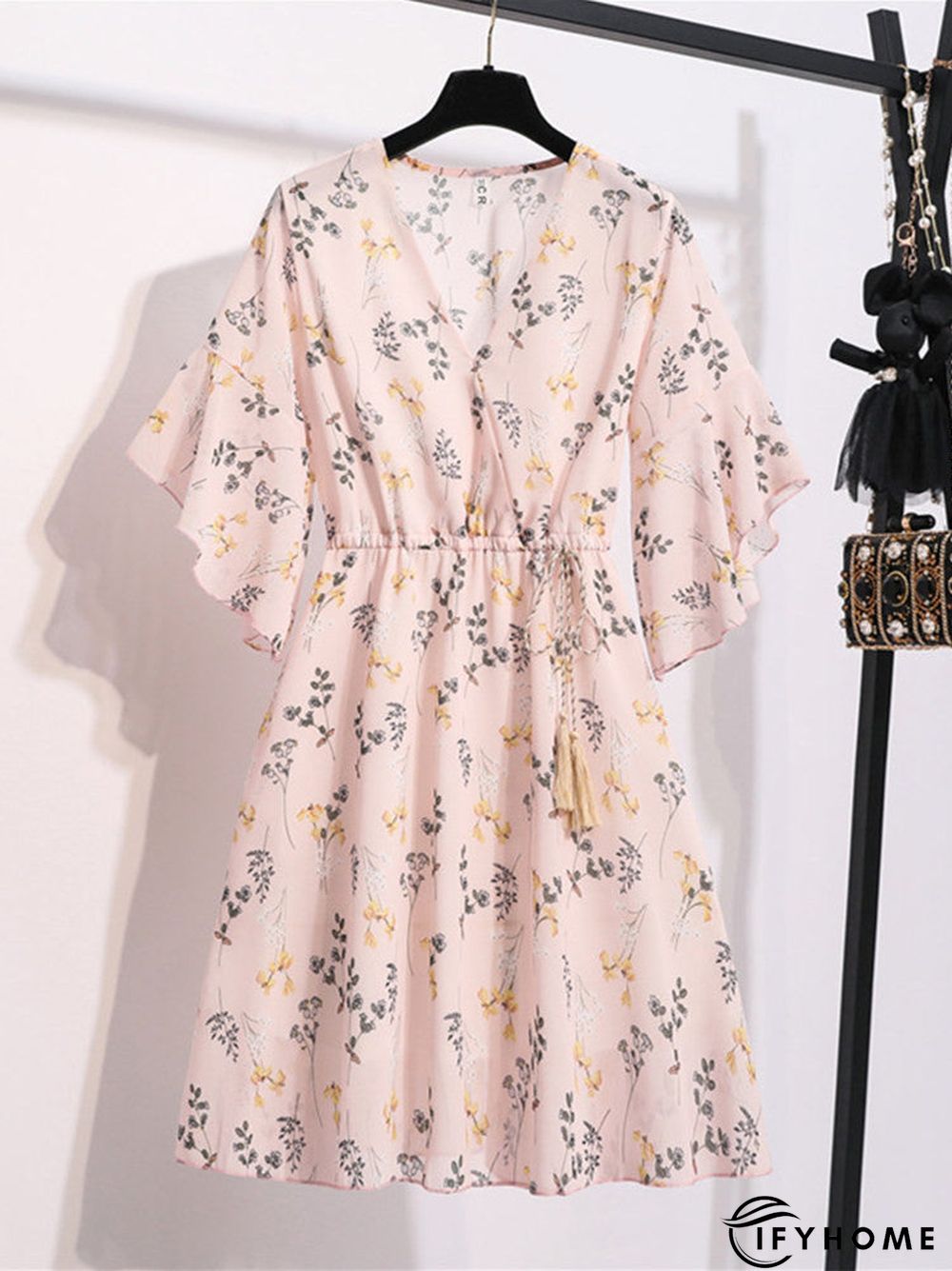 Spring Summer Chiffon Women V-Neck Floral Print Short Dresses Sweet Ruffle Sleeeve Slim Drawstring Ladies Dress | IFYHOME