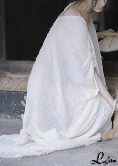 Elegant White V Neck Lace Up Cotton Maxi Dresses Summer