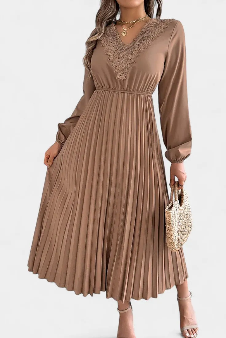 V-Neck Lace Detail Pleated Long Sleeve Dress