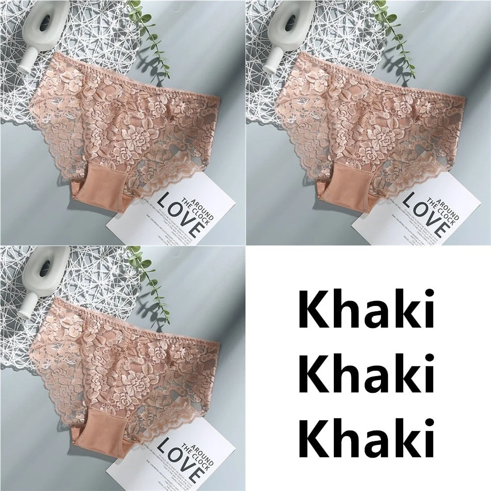 3Pcs Sexy Low Waist Women's Underwear Lace Plus Size Seamless Panties Breathable Lingerie Female Briefs Solid Hollow Underpants