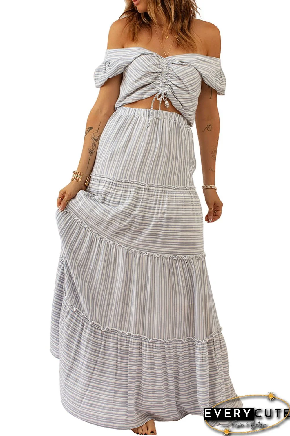 Striped Print Lace-up Crop Top Tiered Ruffle Maxi Skirt Set