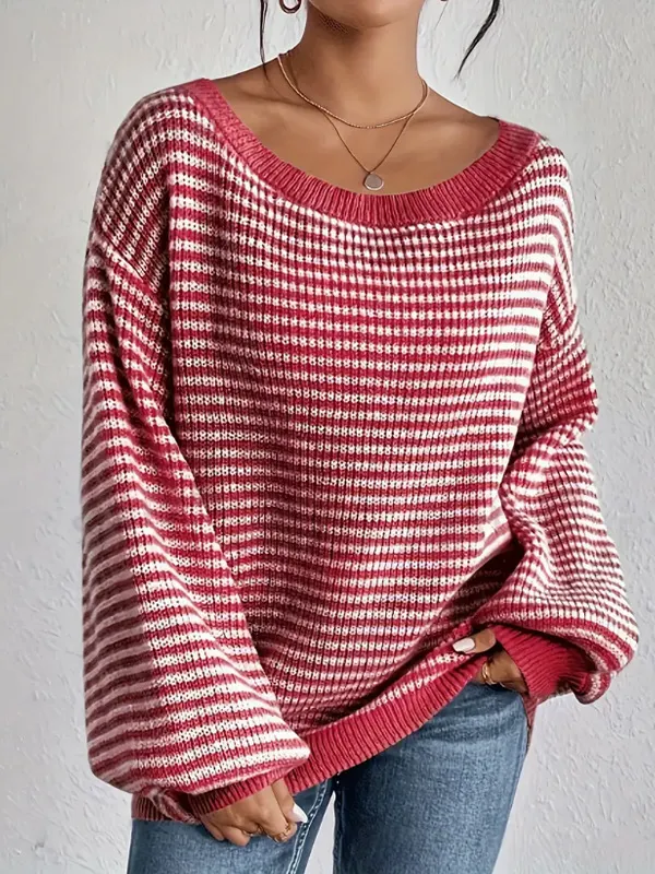 Nigikala Nigikala Temperament Collar Spring And Autumn Knitted Sweater Classic Stripe Bump Color Cover Casual Top